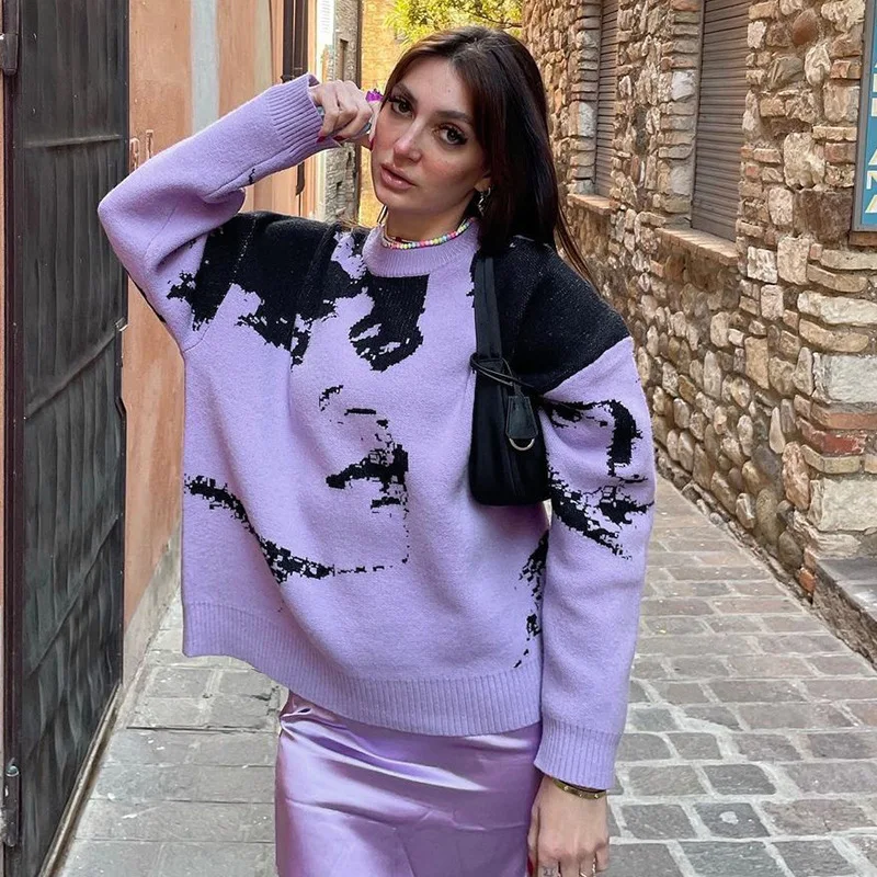 Женский свитер с винтажным принтом свободный джемпер в стиле Харадзюку