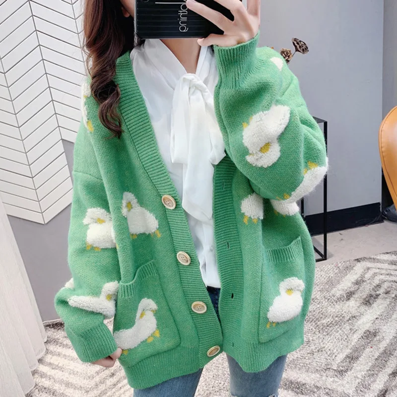 Autumn Winter Knitted Female Cardigan Loose Streetwear Knit Sweater Coat Cute Cartoon Print V Neck knitted cardigan Women Jacket
Autumn Winter Knitted Female Cardigan Loose Streetwear Knit Sweater Coat Cute Cartoon Print V Neck knitted cardigan Women Jacket
