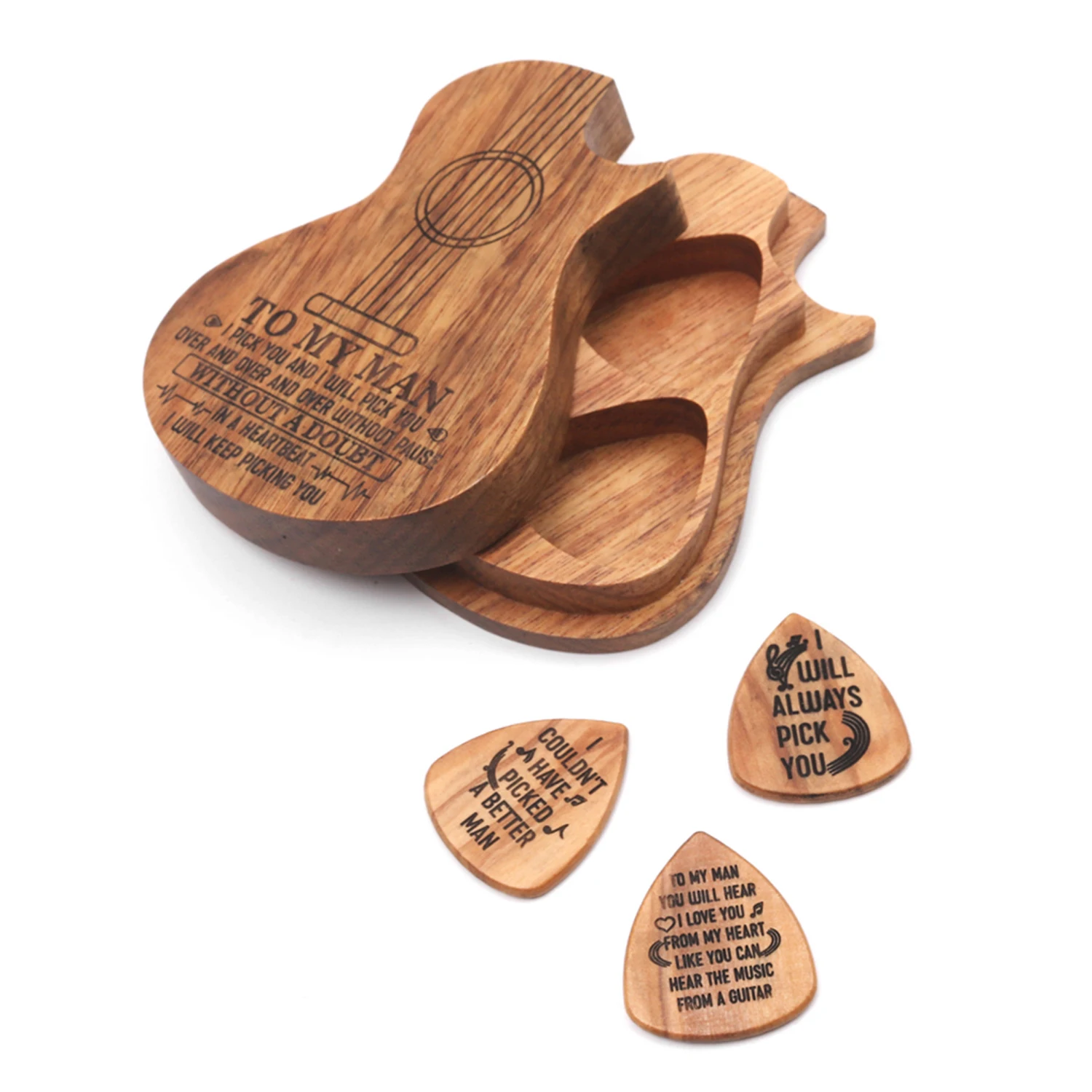 

Wooden Guitar Pick Box Holder Guitar Shape 3 Compartments Paddles Wood Container with 3pcs Olivewood Picks Guitar Parts