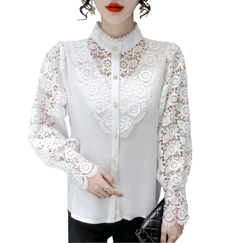 2021 New Spring Autumn Women Vintage Stand Collar Lantern Long Sleeve Blouse Hook Flower Hollow Lace Patchwork White Shirt
2021 New Spring Autumn Women Vintage Stand Collar Lantern Long Sleeve Blouse Hook Flower Hollow Lace Patchwork White Shirt