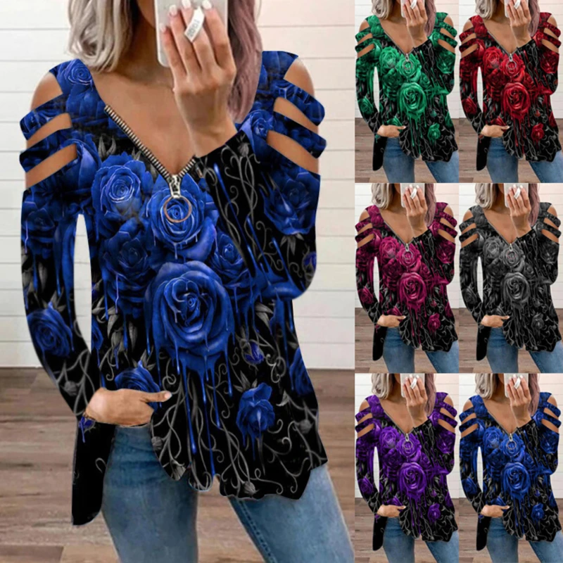 2021 Autumn T-Shirt Women's Hollow out Long Sleeve Zipper V-Neck Top Loose Casual Rose Printed T-Shirt Top Fashion Trend Shirt
2021 Autumn T-Shirt Women's Hollow out Long Sleeve Zipper V-Neck Top Loose Casual Rose Printed T-Shirt Top Fashion Trend Shirt