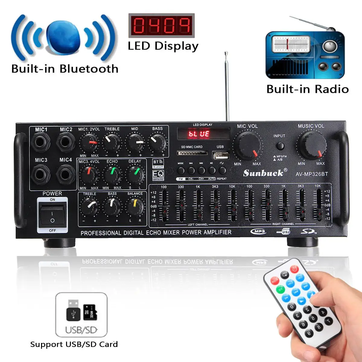 110V Bluetooth Amplifiers 2 Channel Home Car Audio Stereo Subwoofer Amplifier Power Audio Amplifier Audio With EQ USB SD LED
110V Bluetooth Amplifiers 2 Channel Home Car Audio Stereo Subwoofer Amplifier Power Audio Amplifier Audio With EQ USB SD LED