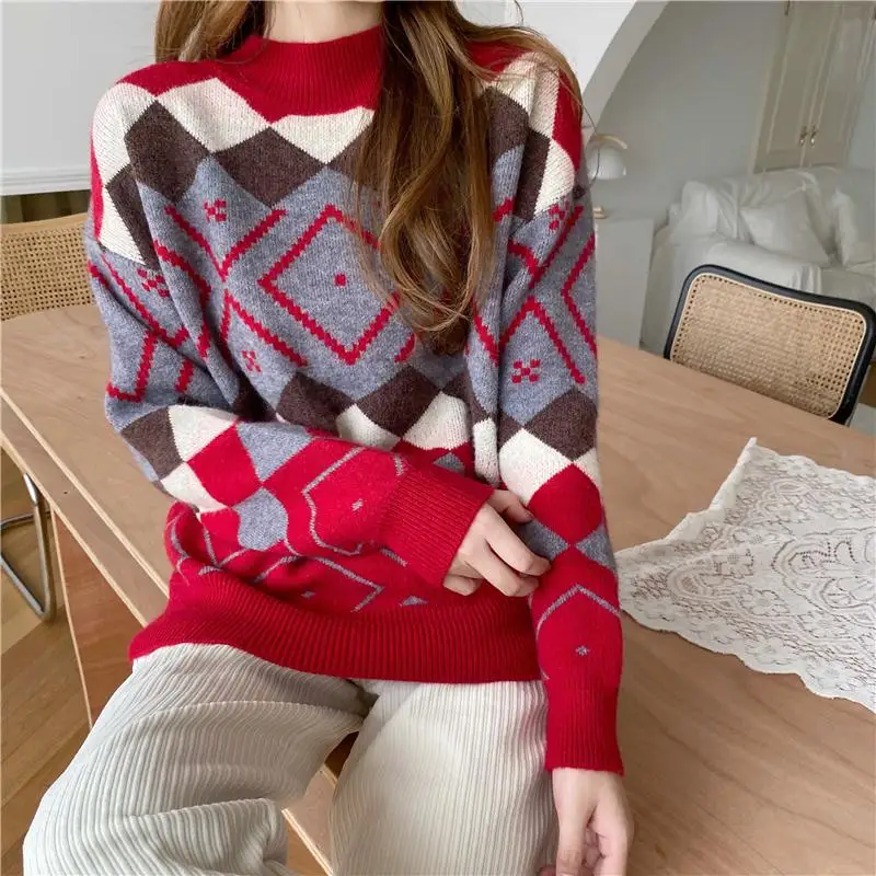 Autumn Women Knitted Sweater Vintage Geometric Rhombic Sweater Fad Casual Long Sleeve O-Neck Elegant Outerwear Tops
Autumn Women Knitted Sweater Vintage Geometric Rhombic Sweater Fad Casual Long Sleeve O-Neck Elegant Outerwear Tops