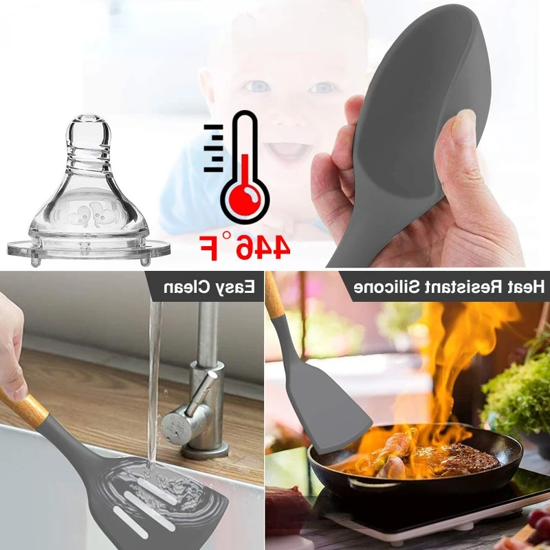 

Fácil De Limparpeças De Utensílios De Cozinha De Silicone, Conjunto De Panelas Antiaderentes Com Punho De Madeira Cooking Tools