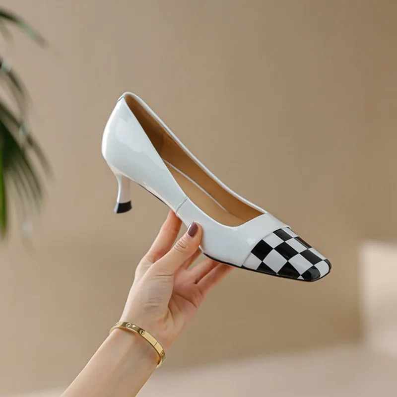

LeShion Of Chanmeb Kitten Heels Pumps for Women Patent Cow Leather Checkered Checker Shoes Big Plus Ladies Spring Office Shoe 43
