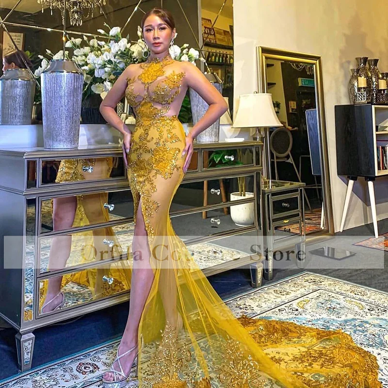 Yellow Beads Crystal Prom Dress Mermaid Illusion Beads Lace Sleeveless Prom Dress For Women Middle East Long Formal Part
Yellow Beads Crystal Prom Dress Mermaid Illusion Beads Lace Sleeveless Prom Dress For Women Middle East Long Formal Part