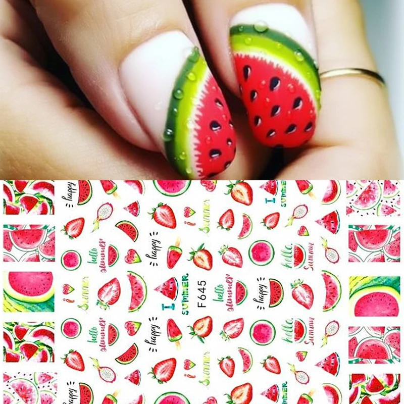 

Summer Fruit Nail Polish Stickers Watermelon Strawberry Lemon Orange Kiwi Designs 3D Nail Decals Transfer Sliders Decoration