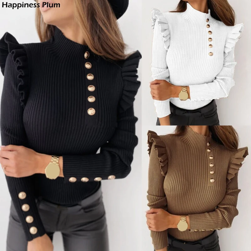 Осенне-зимняя женская блузка в рубчик с длинным рукавом, водолазка на пуговицах, свитер с оборками, женская одежда, свитера 2021, женский свитер 
Осенне-зимняя женская блузка в рубчик с длинным рукавом, водолазка на пуговицах, свитер с оборками, женская одежда, свитера 2021, женский свитер