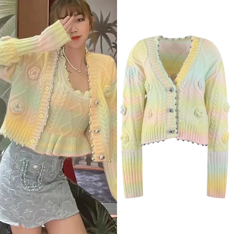 Rainbow Striped Sweater Cardigans Women Knit Crop Tops Sexy V-Neck Beading Floral Long Sleeve Jersey Streetwear Sweet Korean ins
Rainbow Striped Sweater Cardigans Women Knit Crop Tops Sexy V-Neck Beading Floral Long Sleeve Jersey Streetwear Sweet Korean ins