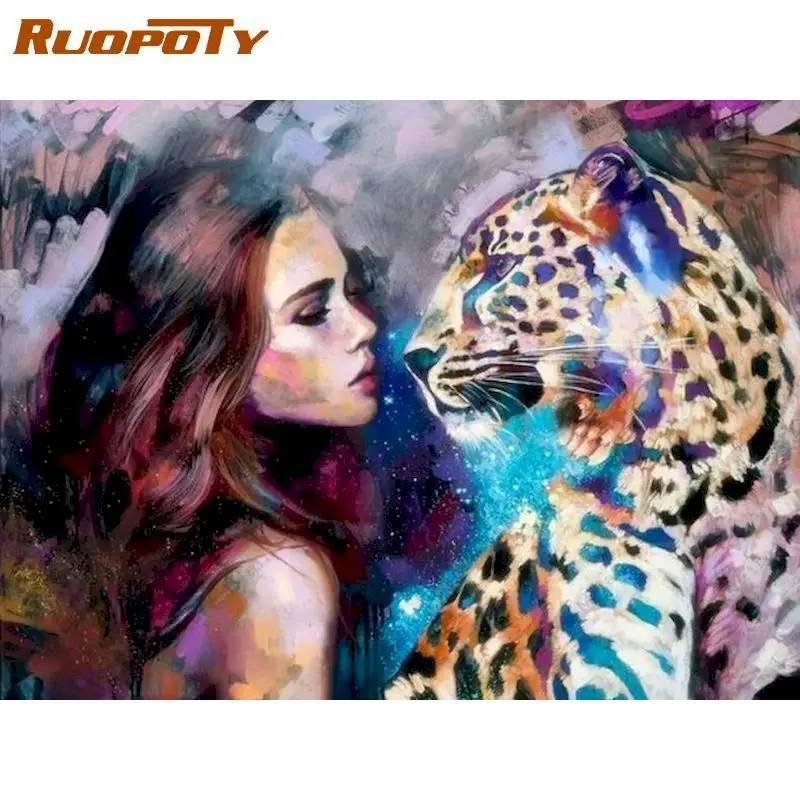 RUOPOTY красочные девушки и Леопард животных живопись по номерам 60x75 см DIY масляные