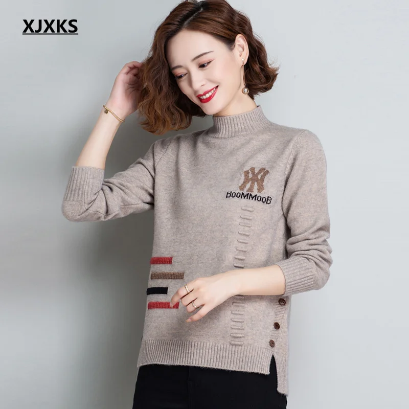 XJXKS 2021 Winter New Fashion Letter Women Turtleneck Sweater High Quality Cashmere Knitted Sweater Women Pullover
XJXKS 2021 Winter New Fashion Letter Women Turtleneck Sweater High Quality Cashmere Knitted Sweater Women Pullover