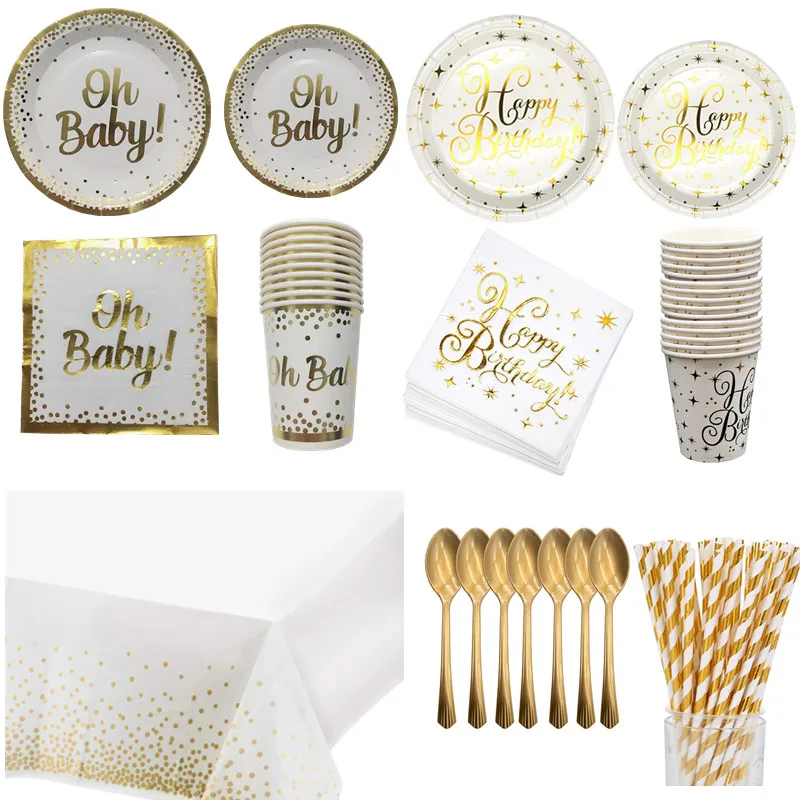

Gold Disposable Tableware Oh Baby Birthday Paper Plates Cups Napkins Birthday Party Cutlery Baby Shower Gender Reveal Supplies