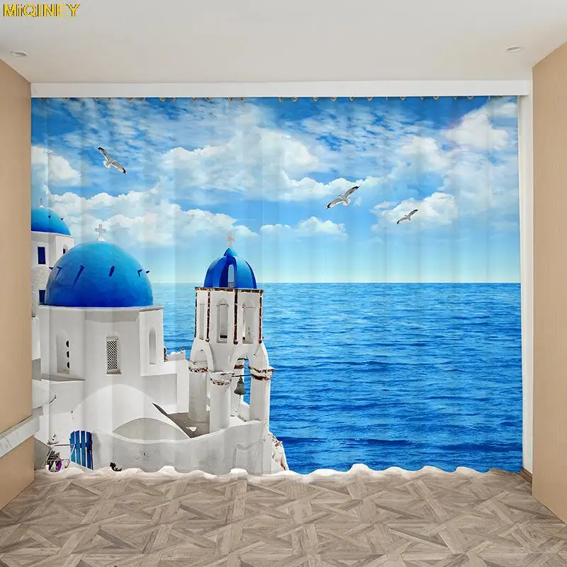 

Greek Aegean Sea Blue Scenery Curtain Sunlight 3D HD Ocean Design Ship Starfish Coastal Landscape Nordic Curtains LIving Room