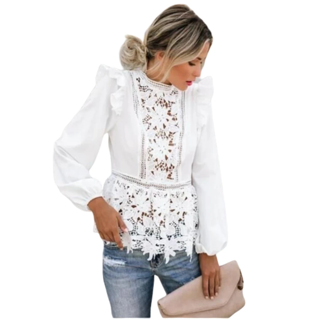 JESSIC New Women Floral Lace Blouses Boho Long Sleeve White Top Ladies Ruffle Hollow Out Shirt Elegant Blouse Summer Streetwear 
JESSIC New Women Floral Lace Blouses Boho Long Sleeve White Top Ladies Ruffle Hollow Out Shirt Elegant Blouse Summer Streetwear