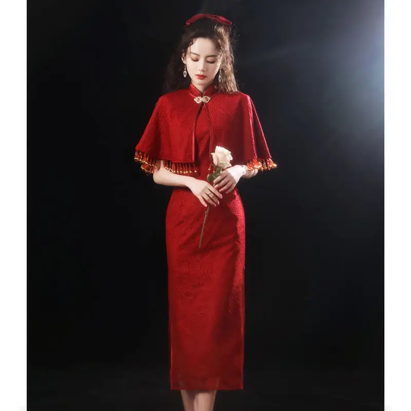 2021 new wine red wedding cheongsam long
2021 new wine red wedding cheongsam long