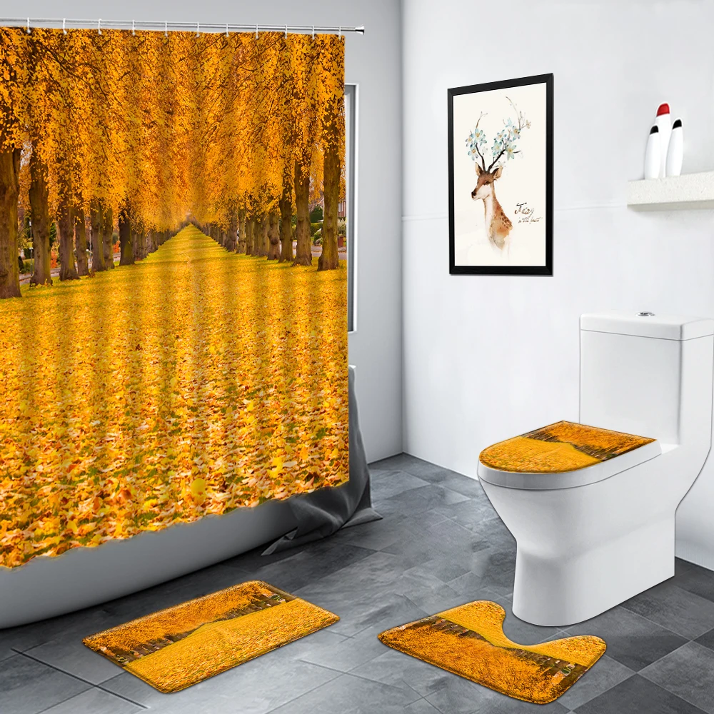 

Autumn Maple Forest Landscape Shower Curtain Yellow Fallen Leaves Trees Scenery Bathroom Decor Non-slip Rug Toilet Bath Mat Set