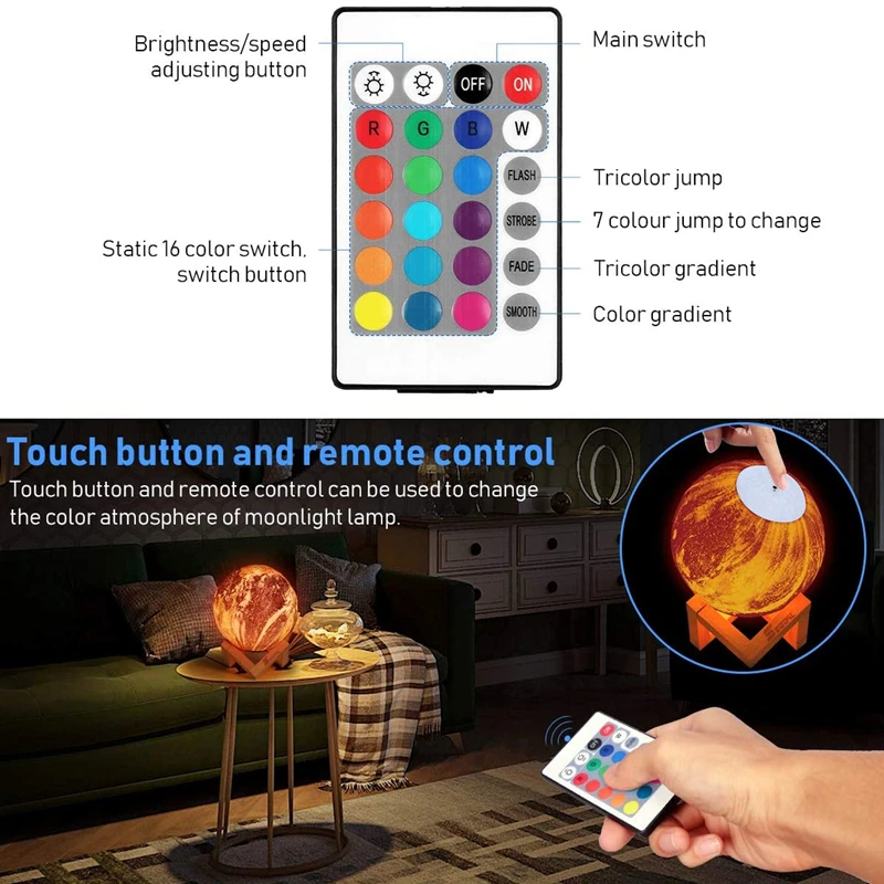 3D Print Moon Light LED Light Bedroom Decoration Light Touch color Change Dimmable Rechargeable Lnfrared Remote Control 16 Color
3D Print Moon Light LED Light Bedroom Decoration Light Touch color Change Dimmable Rechargeable Lnfrared Remote Control 16 Color