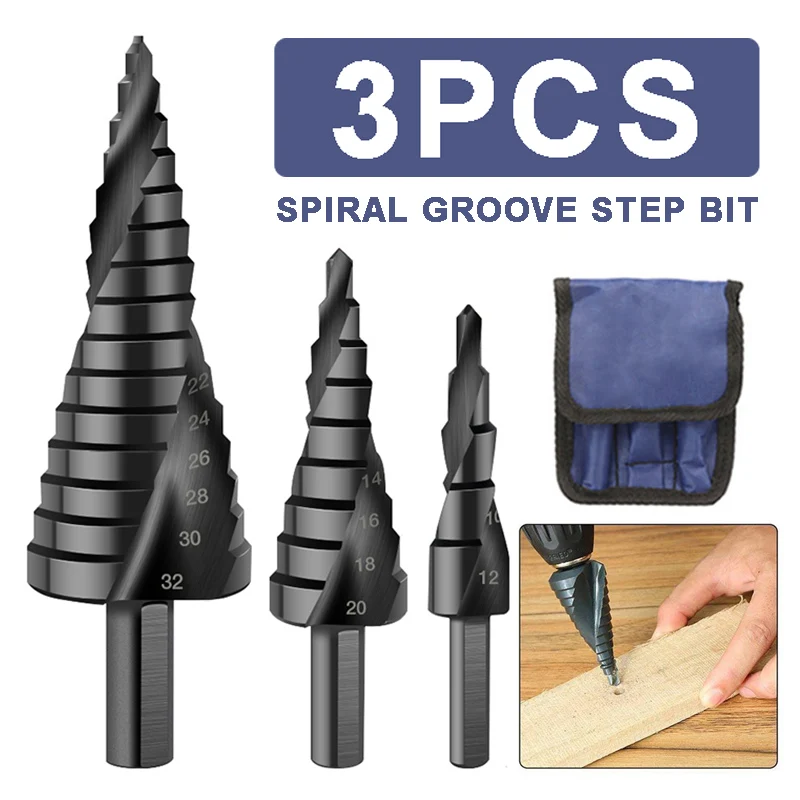 3pcs Black Cone Drill Bits Set Reduced Shank Step Drilling Bits Spiral Groove Step Drill Bit Titanium HSS 4-12/20/32mm
3pcs Black Cone Drill Bits Set Reduced Shank Step Drilling Bits Spiral Groove Step Drill Bit Titanium HSS 4-12/20/32mm