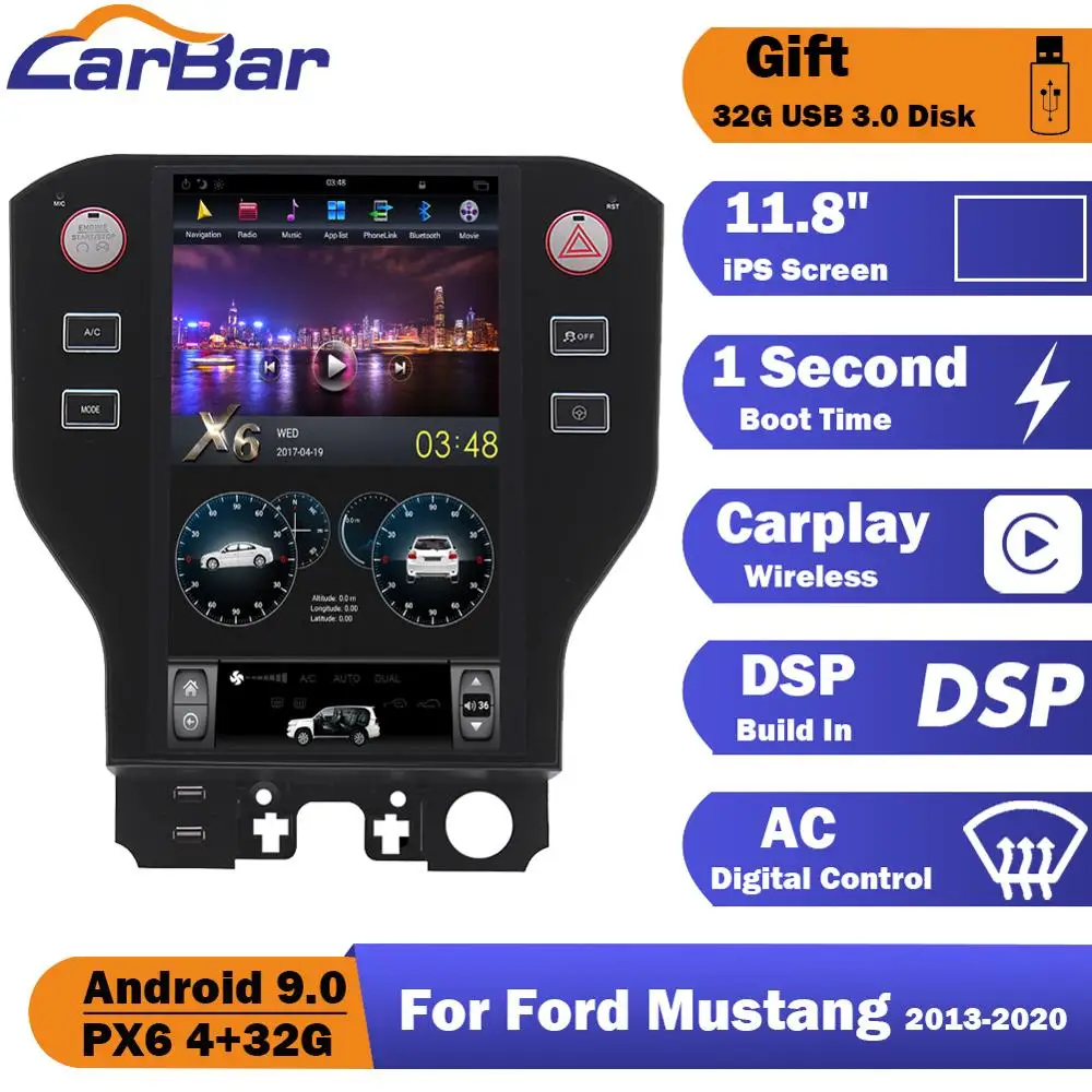 Carbar 11,8 "Tesla Style вертикальный экран Android 9,0 автомобильный DVD GPS Радио Навигация стерео аудио плеер для Ford Mustang 2013-2020 
Carbar 11,8 "Tesla Style вертикальный экран Android 9,0 автомобильный DVD GPS Радио Навигация стерео аудио плеер для Ford Mustang 2013-2020
