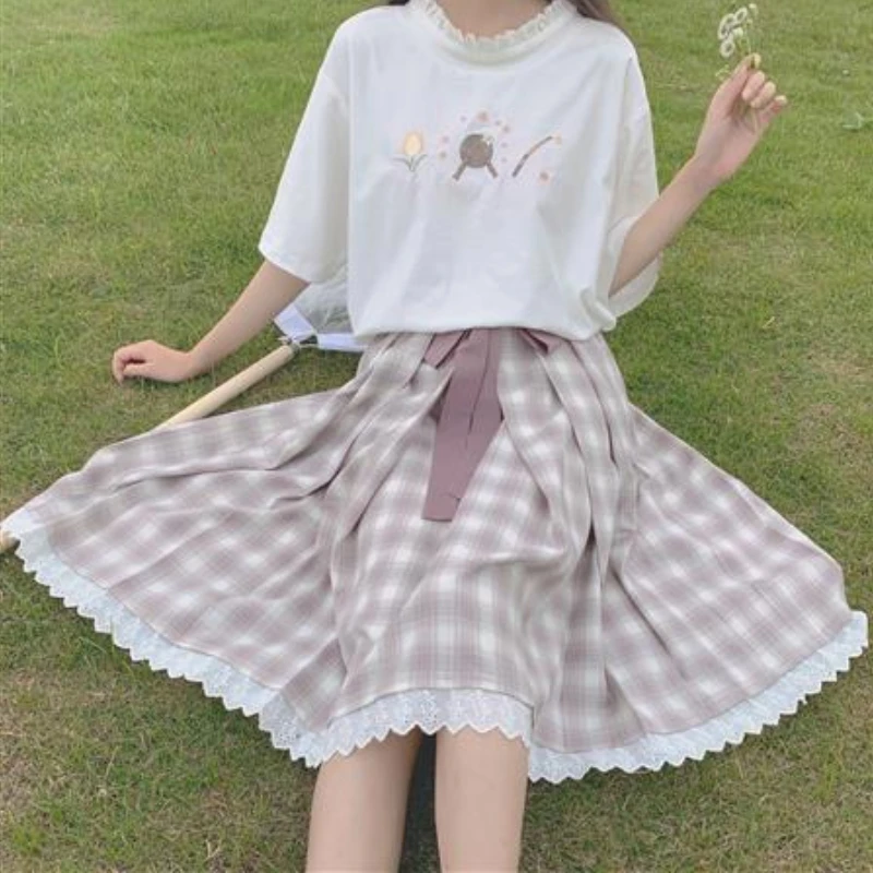 HOUZHOU Vintage Plaid Skirt Women Kawaii Bow Lace Up Lace Patchwork Loose Pleated Long Skirt Japanese Mori Girl Style Summer
HOUZHOU Vintage Plaid Skirt Women Kawaii Bow Lace Up Lace Patchwork Loose Pleated Long Skirt Japanese Mori Girl Style Summer