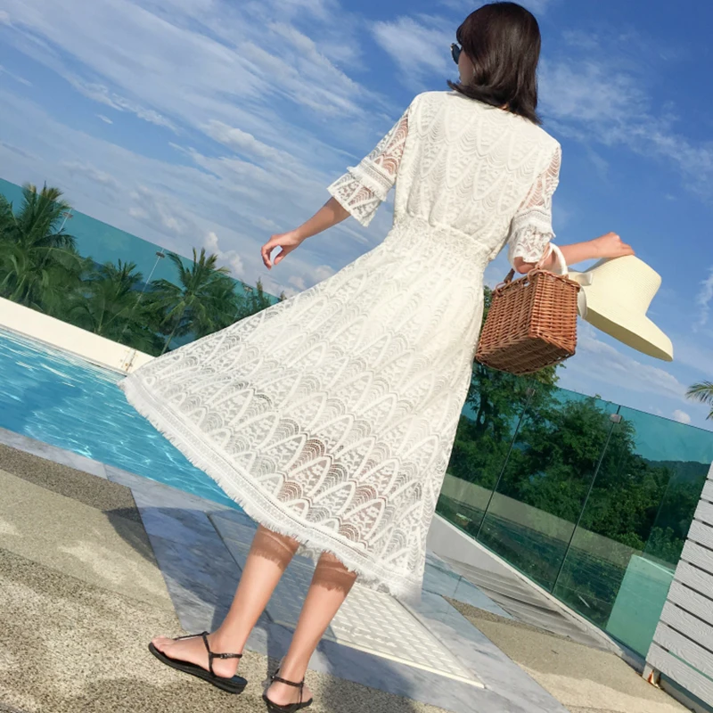 Vintage Korean Runway Sundress Summer Women White Hollow Lace Dress Retro Fairy Elegant Casual Party Vacation Sea Beach Dresses 
Vintage Korean Runway Sundress Summer Women White Hollow Lace Dress Retro Fairy Elegant Casual Party Vacation Sea Beach Dresses