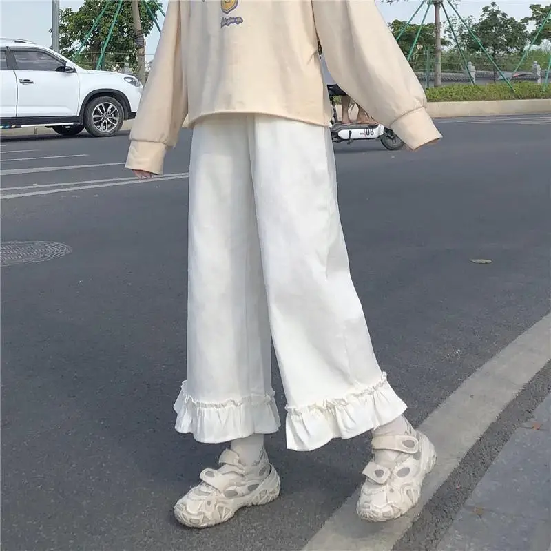 HOUZHOU Japanese Style Kawaii Soft Girl Pants Harajuku Ruffle Basic Wide Leg Casual White Black Trousers Elastic Waist Loose
HOUZHOU Japanese Style Kawaii Soft Girl Pants Harajuku Ruffle Basic Wide Leg Casual White Black Trousers Elastic Waist Loose