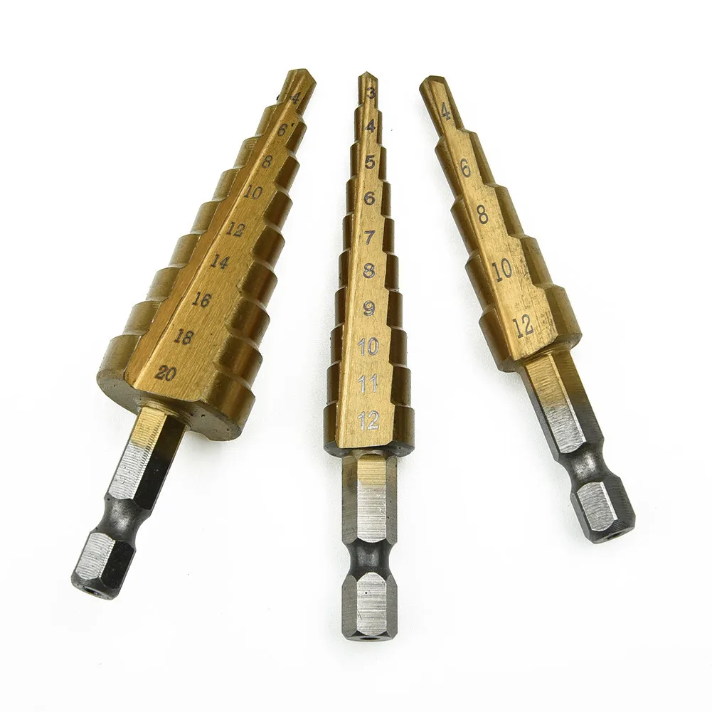 3pc Durable HSS Titanium Hex Shank Multifunction Cone Step Drill Bit Set W/Pouch 4~20 / 3~12 / 4~12 High Quality
3pc Durable HSS Titanium Hex Shank Multifunction Cone Step Drill Bit Set W/Pouch 4~20 / 3~12 / 4~12 High Quality