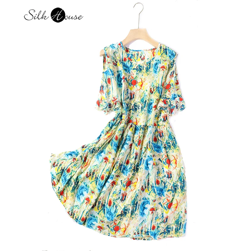 Retro Abstract Wind Mulberry Silk Women's Fashion Dress Middle Sleeve Middle Long Round Neck Waist Closing 2022 Spring New
Retro Abstract Wind Mulberry Silk Women's Fashion Dress Middle Sleeve Middle Long Round Neck Waist Closing 2022 Spring New