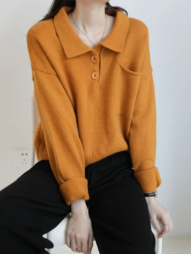 2021 Winter Korean Version of Wild Polo Collar Lazy Knit Sweater Women Fashion Solid Color Long-Sleeved Button Pullover
2021 Winter Korean Version of Wild Polo Collar Lazy Knit Sweater Women Fashion Solid Color Long-Sleeved Button Pullover
