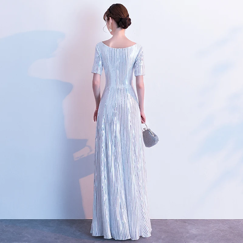 Silver Women's Sheer Evening Dresses Round Neck Vintage Sequin Splicing Dress Party Kleid Suknia Wieczorowa
Silver Women's Sheer Evening Dresses Round Neck Vintage Sequin Splicing Dress Party Kleid Suknia Wieczorowa