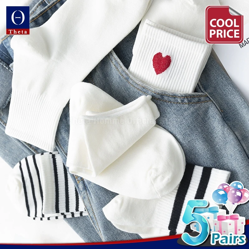 THETA 5 Pairs Female Cotton White Medium Tube Socks Trendy Striped Short Stockings Lovely Summer Thin Anklet Set
THETA 5 Pairs Female Cotton White Medium Tube Socks Trendy Striped Short Stockings Lovely Summer Thin Anklet Set