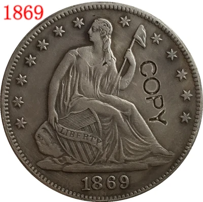 США 1869 P, S SEATED LIBERTY половина копия доллара монеты 
США 1869 P, S SEATED LIBERTY половина копия доллара монеты