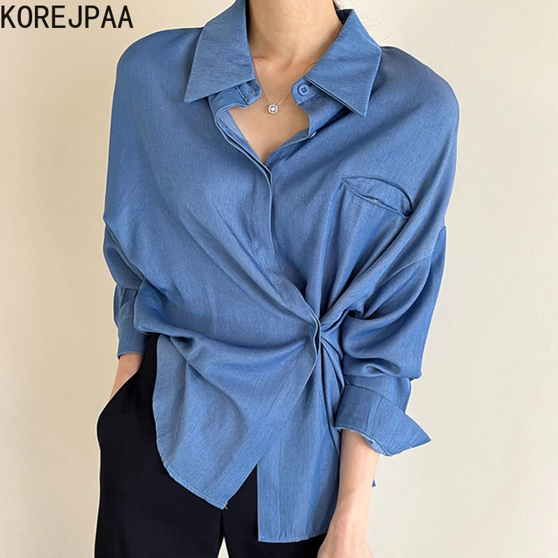 Korejpaa Women Shirt 2021 Korean Fashion Autumn Lapel Design Side Single Breasted Casual Cardigan Long-sleeved Blouses Top Woman
Korejpaa Women Shirt 2021 Korean Fashion Autumn Lapel Design Side Single Breasted Casual Cardigan Long-sleeved Blouses Top Woman