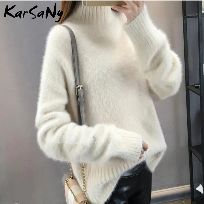 Фото Женский кашемировый свитер KarSaNy белый пуловер свободного кроя вязаный Пушистый