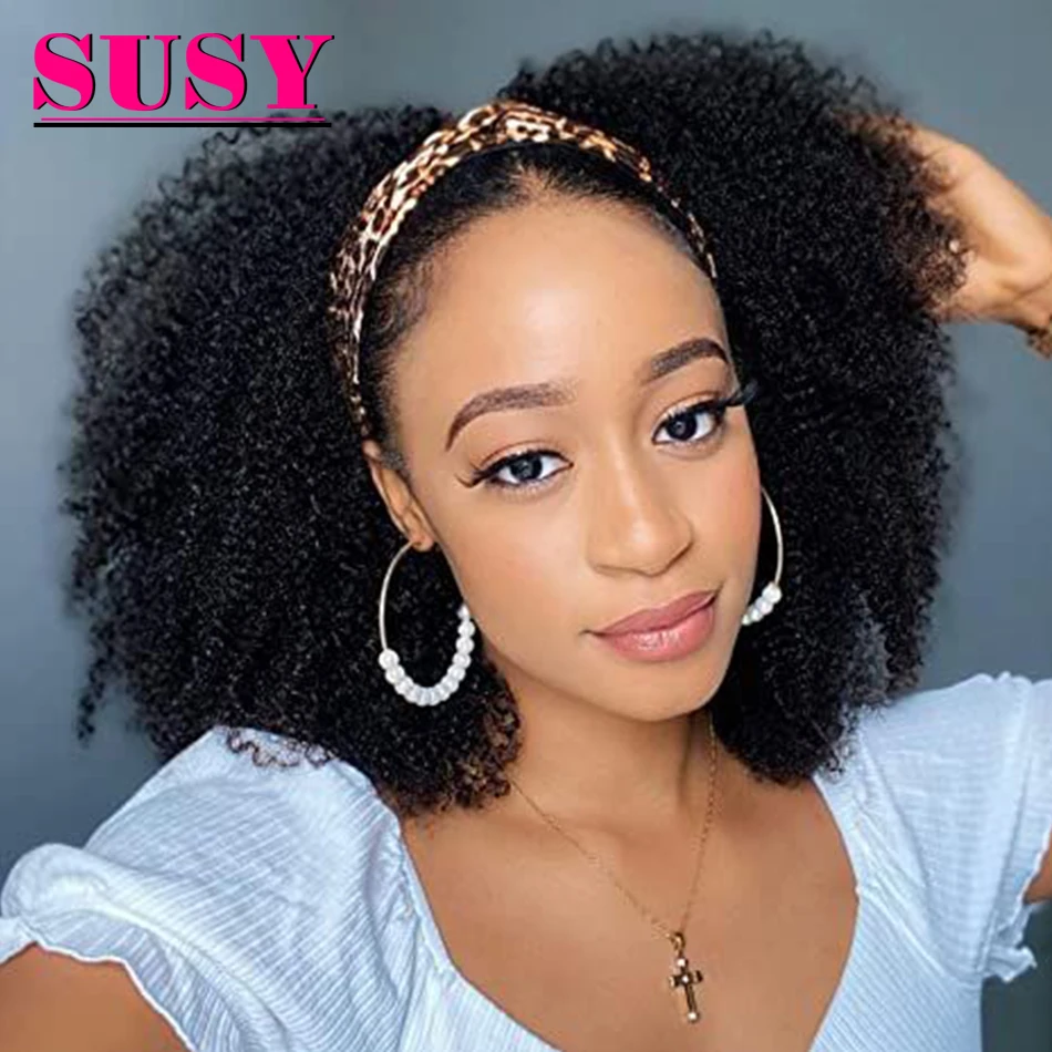 

Scarf Afro Kinky Curly Headband Human Hair Wigs For Black Women Peruvian Full Machine Natural Color Head band Wig Easy Install