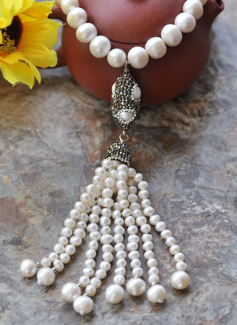 P7302 17" 11mm White Round Pearl CZ Shuttle Necklace Pendant Tassels