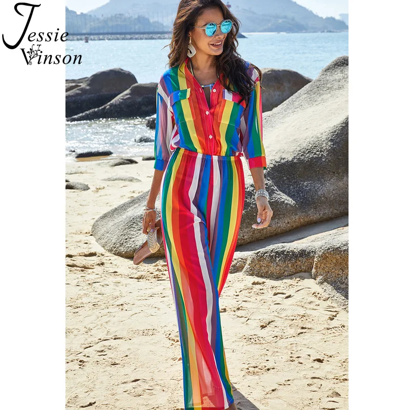 Jessie Vinson Rainbow Striped Wide Leg Long Pants Jumpsuit Women Three Quarter Sleeve Turn-down Collar Chiffon Jumpsuit Summer
Jessie Vinson Rainbow Striped Wide Leg Long Pants Jumpsuit Women Three Quarter Sleeve Turn-down Collar Chiffon Jumpsuit Summer