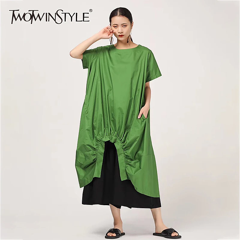 TWOTWINSTYLE Loose Drawstring Dress For Women O Neck Short Sleeve Irregular Hem Casual Black Dresses Female Fashion New Summer
TWOTWINSTYLE Loose Drawstring Dress For Women O Neck Short Sleeve Irregular Hem Casual Black Dresses Female Fashion New Summer