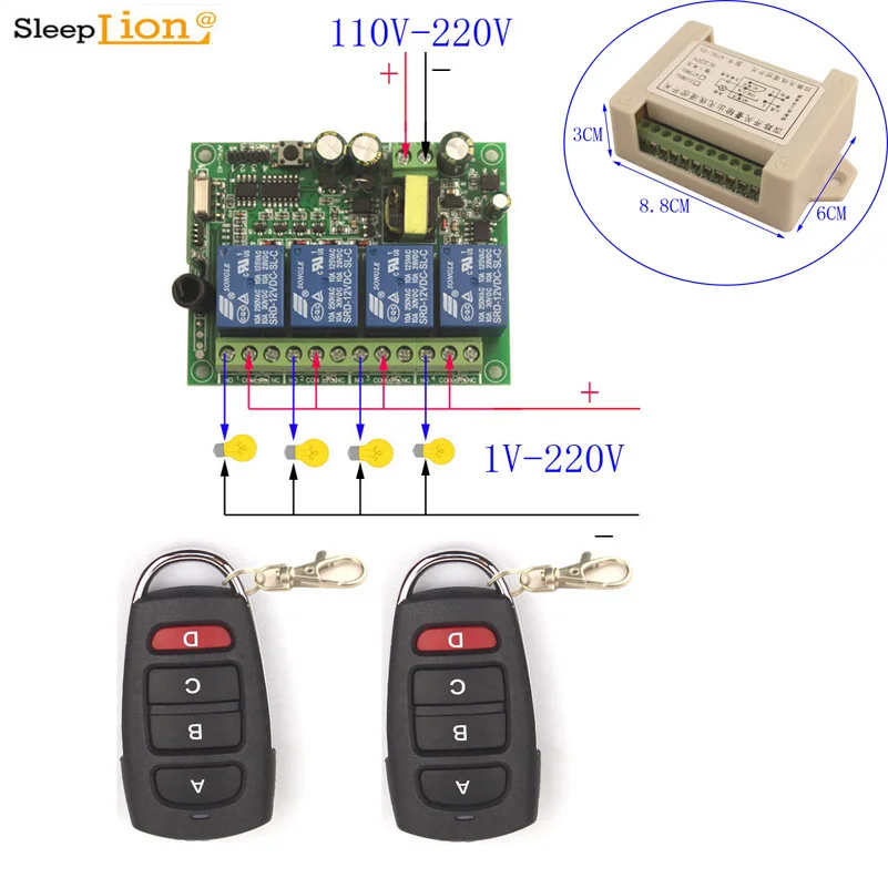 

Sleeplion Universal 4 Channel 220V Relay Switch Remote Controls 4 Ch Light Fan Motor Pump Switch 110V-220V Transmitter Receiver