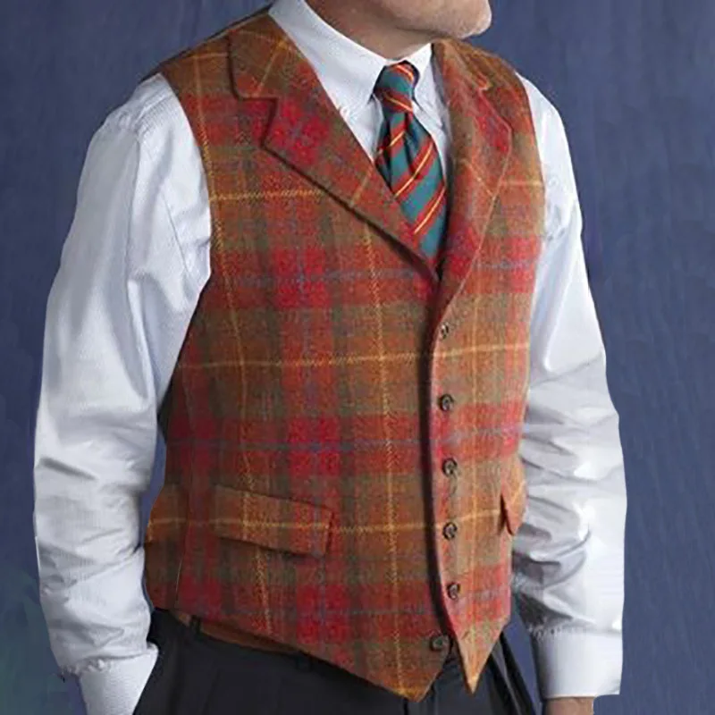 

Casual Gentleman Men's Vest Plaid Soft Wool Jacket Tweed Business Coffee Waistcoat For Best Man Wedding For Party