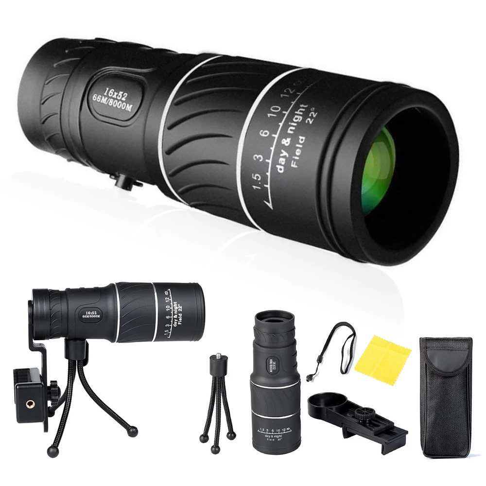 16x52 Monocular Telescope HD BAK4 Monocular Scope with Smartphone Holder Adjustable Tripod for Wildlife Observation Camping
16x52 Monocular Telescope HD BAK4 Monocular Scope with Smartphone Holder Adjustable Tripod for Wildlife Observation Camping
