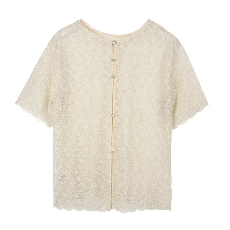 2021 summer Korean version of the new semi-permeable lace apricot shirt crocheted hollow loose top women
2021 summer Korean version of the new semi-permeable lace apricot shirt crocheted hollow loose top women