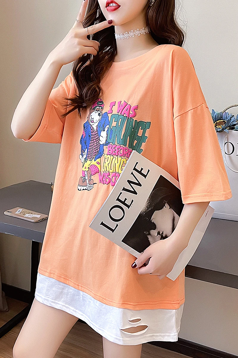 Houthion Women's T-shirt New Loose Plus Size Casual Fashion T Shirt Mid-length Cartoon Letters Short Sleeve O-neck Top Summer
Houthion Women's T-shirt New Loose Plus Size Casual Fashion T Shirt Mid-length Cartoon Letters Short Sleeve O-neck Top Summer
