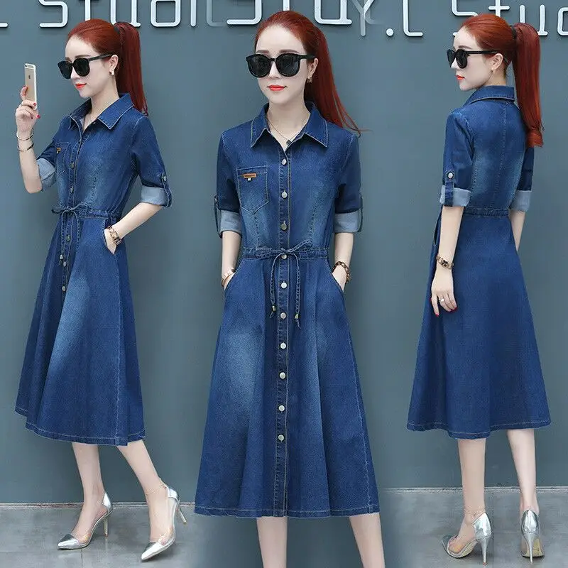 Ladies jeans Dresses Autumn long sleeve Slim turn down collar Long Denim Dresses Female Bow Midi Dress women dresses
Ladies jeans Dresses Autumn long sleeve Slim turn down collar Long Denim Dresses Female Bow Midi Dress women dresses
