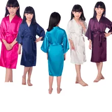 Wholesale Girls Solid Silk Satin Kimono Robes Kids Children Bathrobe Sleepwear Bath Nightgown for Wedding Spa Party Birthday