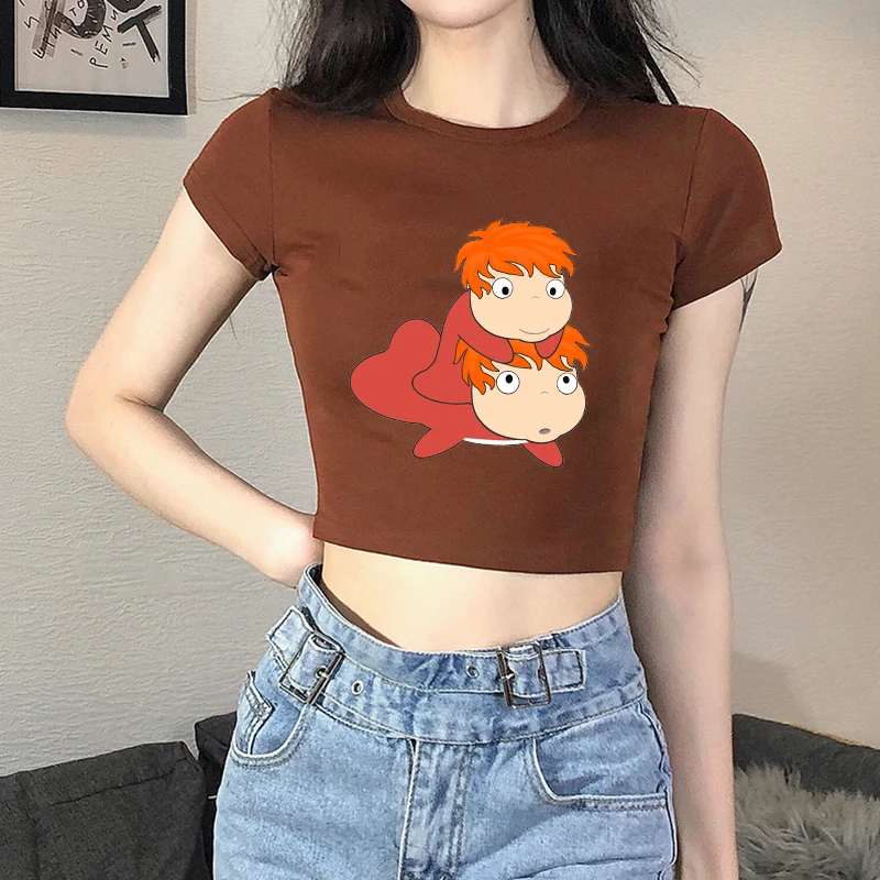 Летние футболки с коротким рукавом Kawaii Ponyo мультяшным принтом Harajuku коричневый