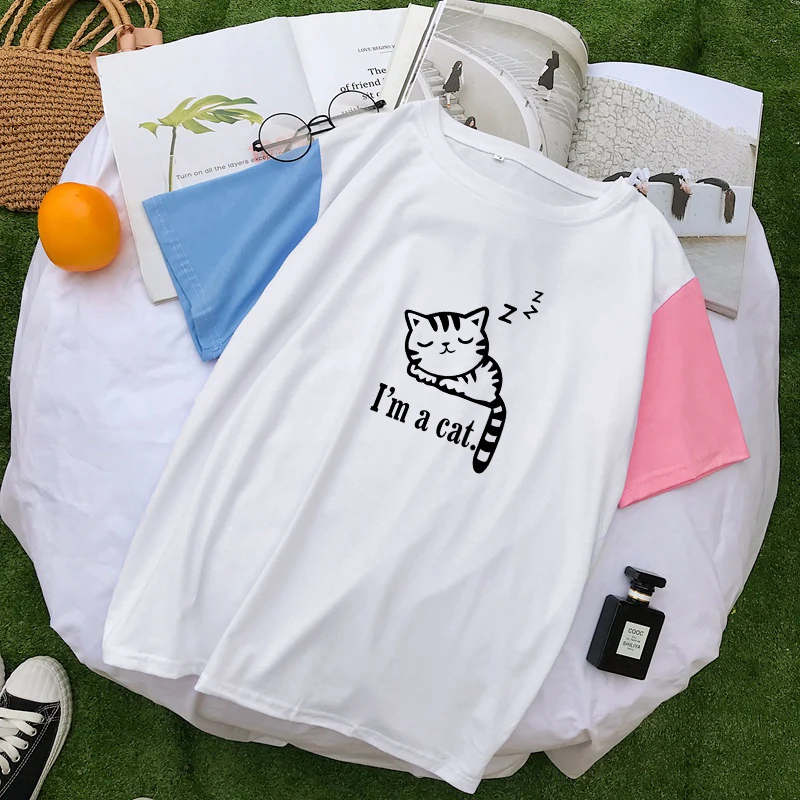 Spell Color Patchwork T Shirt Summer New Short Sleeve Harajuku Kawaii Cartoon Sleeping Cat Print Tshirt Women Casual Cotton Tops
Spell Color Patchwork T Shirt Summer New Short Sleeve Harajuku Kawaii Cartoon Sleeping Cat Print Tshirt Women Casual Cotton Tops