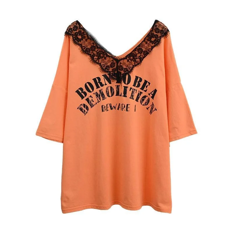 Lace large V-neck letter loose oversize 150kg short sleeve T-shirt for women in summer
Lace large V-neck letter loose oversize 150kg short sleeve T-shirt for women in summer