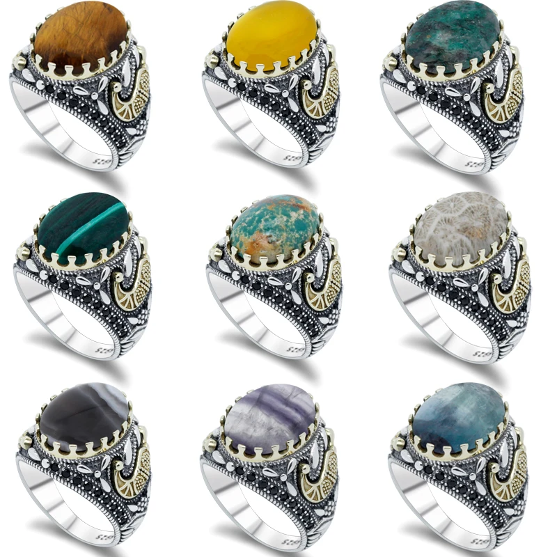 

925 sterling silver turquoise agate men's ladies ring black spinel Turkish handmade jewelry ring