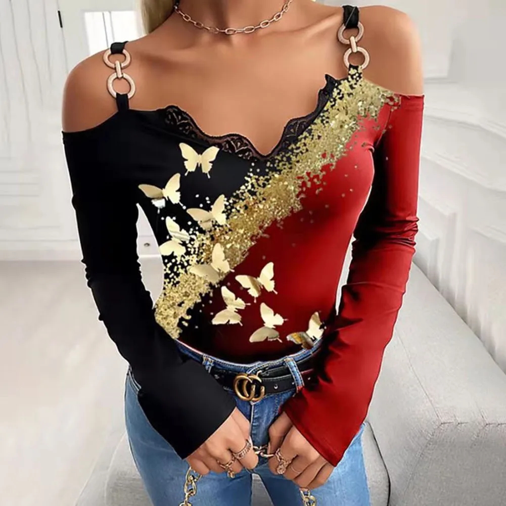 Woman Bronzing Butterfly Print Off Shoulder Women Lace V Neck Long Sleeve Top Tshirt Pullover Loose Party Style
Woman Bronzing Butterfly Print Off Shoulder Women Lace V Neck Long Sleeve Top Tshirt Pullover Loose Party Style
